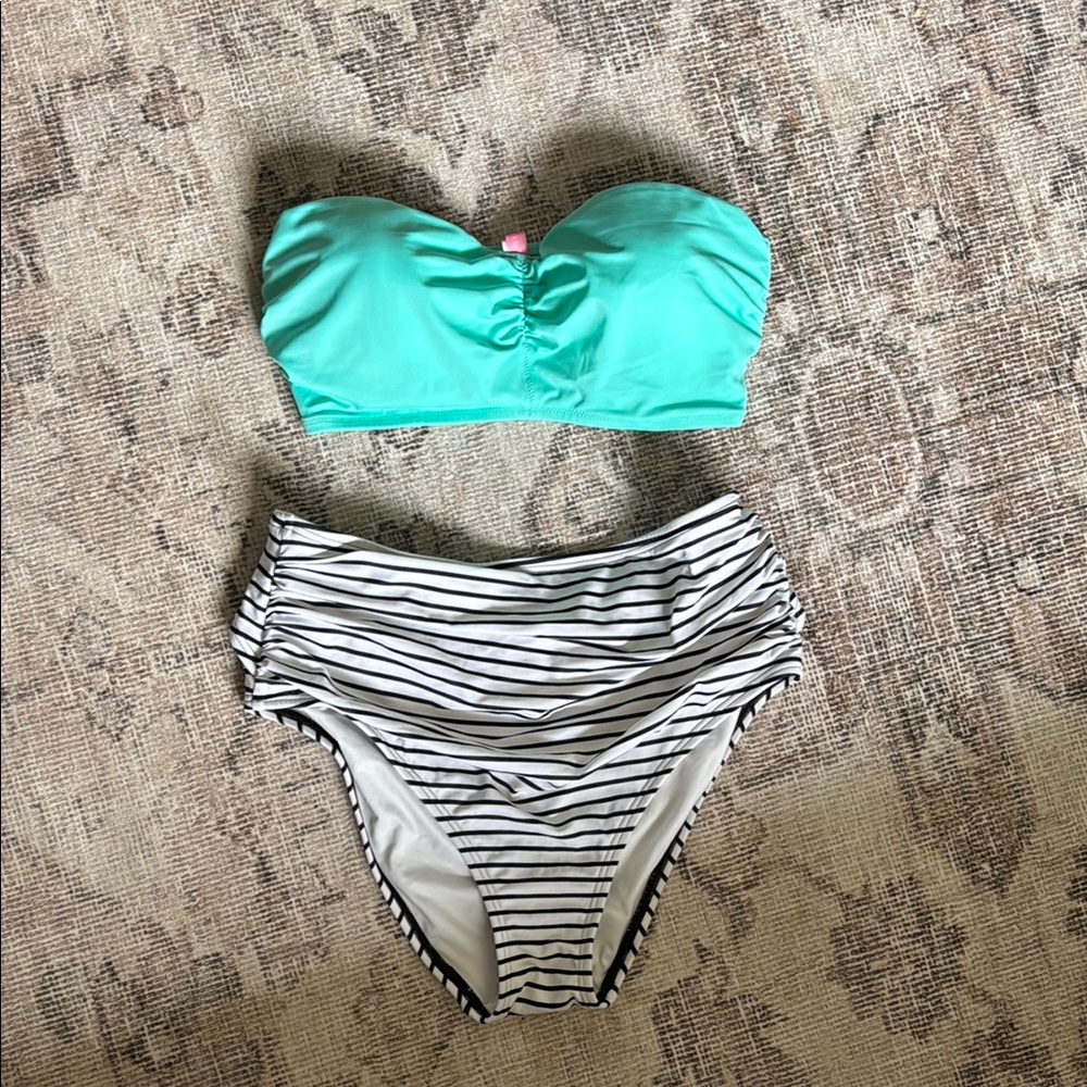 Victoria's Secret Turquoise Bandeau Bikini Top with Striped Bottoms